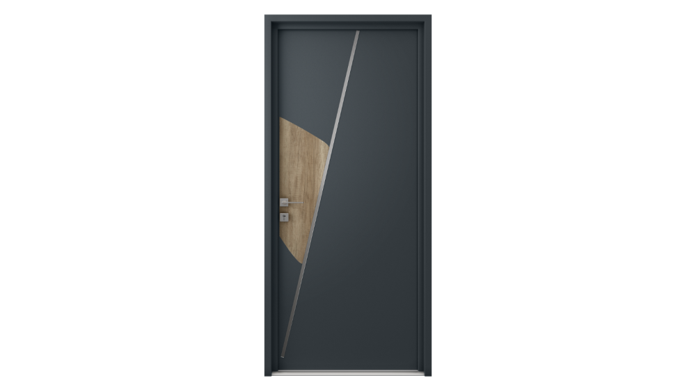Porte d'entrée acier MILLIAU Porte d'entrée grise avec décor léger en bois et inox